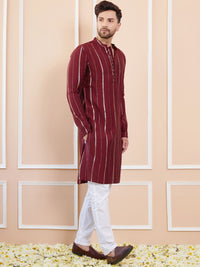 See Designs Mandarin Collar Striped Thread Work Chanderi Silk Straight Kurta