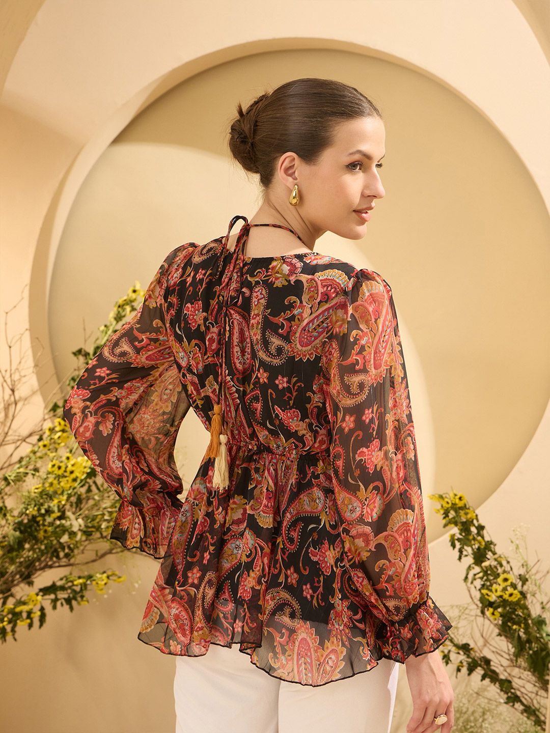 Antheaa Women Ethnic Motifs Printed Bell Sleeves Empire Top