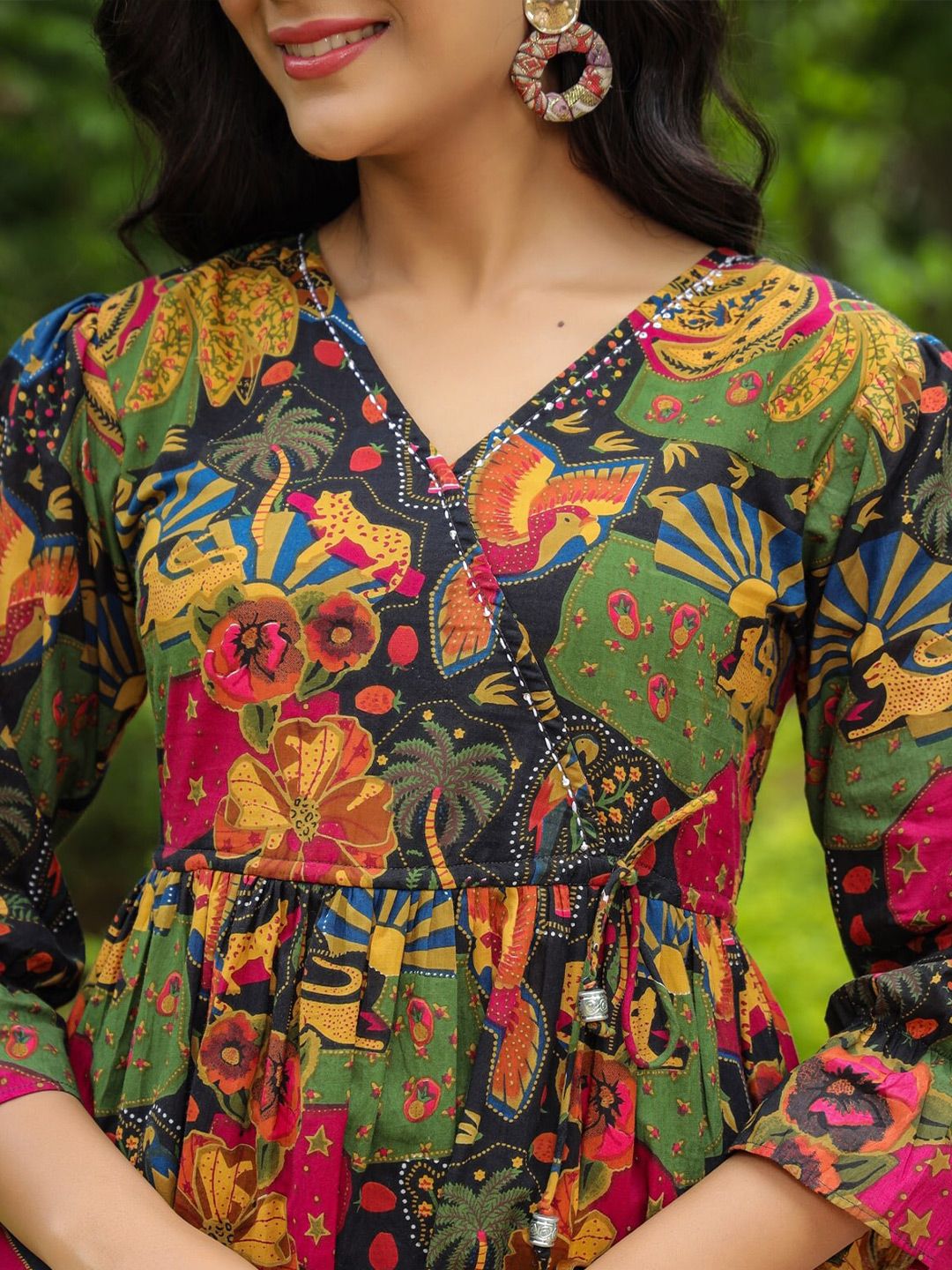 Rain & Rainbow Floral Printed Bell Sleeve Cotton Empire Top