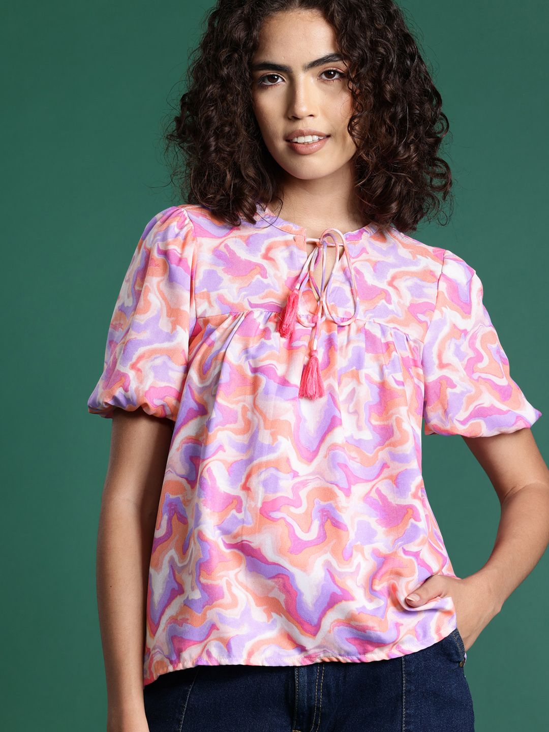 DressBerry Printed Tie-Up Neck Puff Sleeve Top