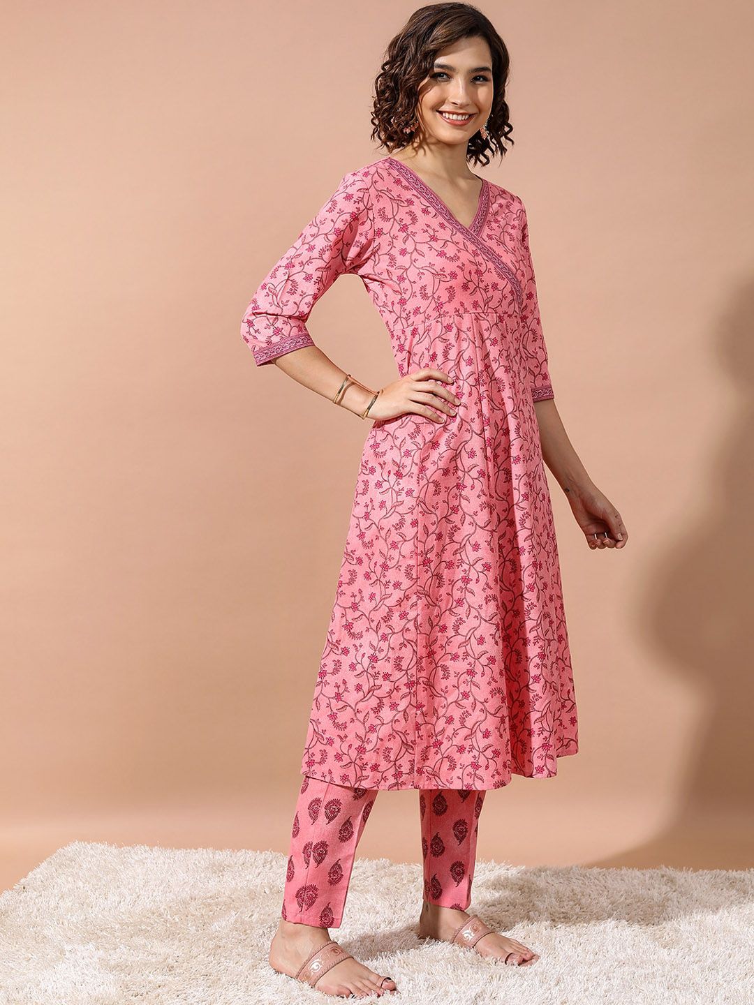 Vishudh Pink Ethnic Motifs Printed Angrakha Kurta With Trousers & Dupatta