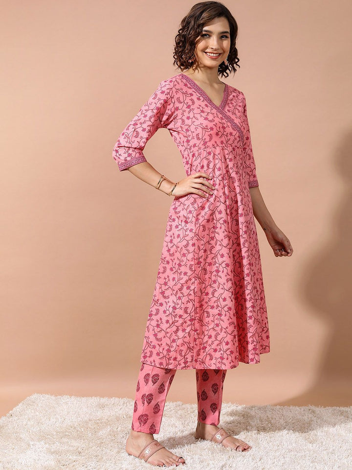 Vishudh Pink Ethnic Motifs Printed Angrakha Kurta With Trousers & Dupatta