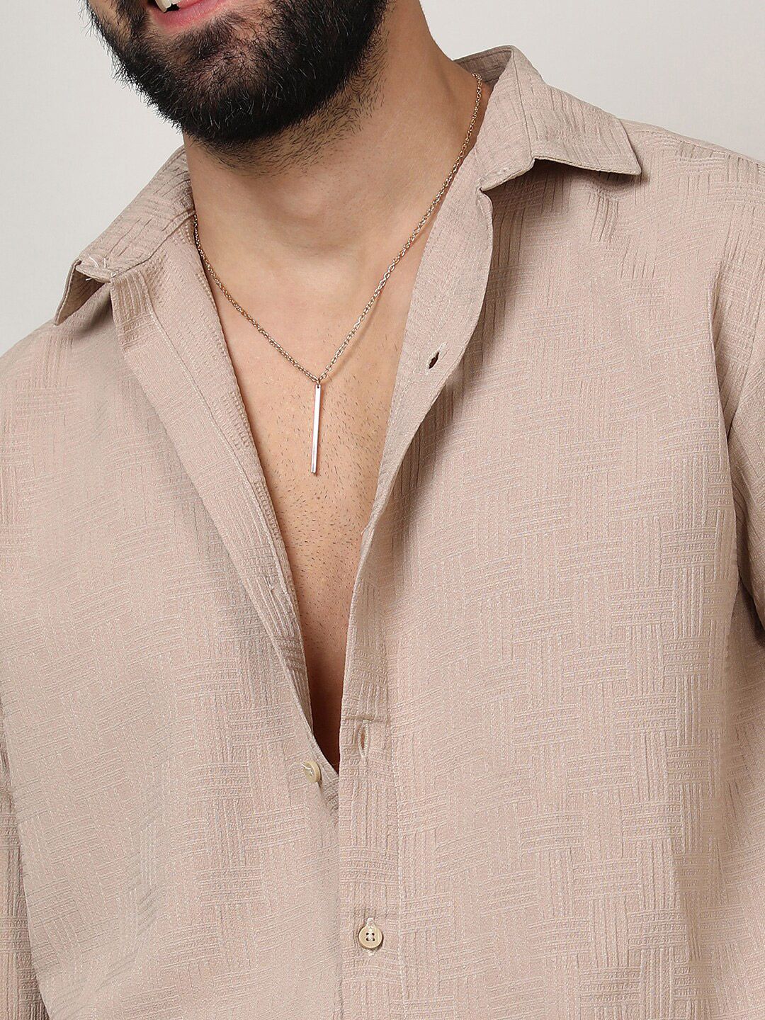 Campus Sutra Beige Classic Geometric Self Design Spread Collar Casual Shirt