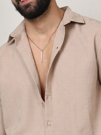 Campus Sutra Beige Classic Geometric Self Design Spread Collar Casual Shirt