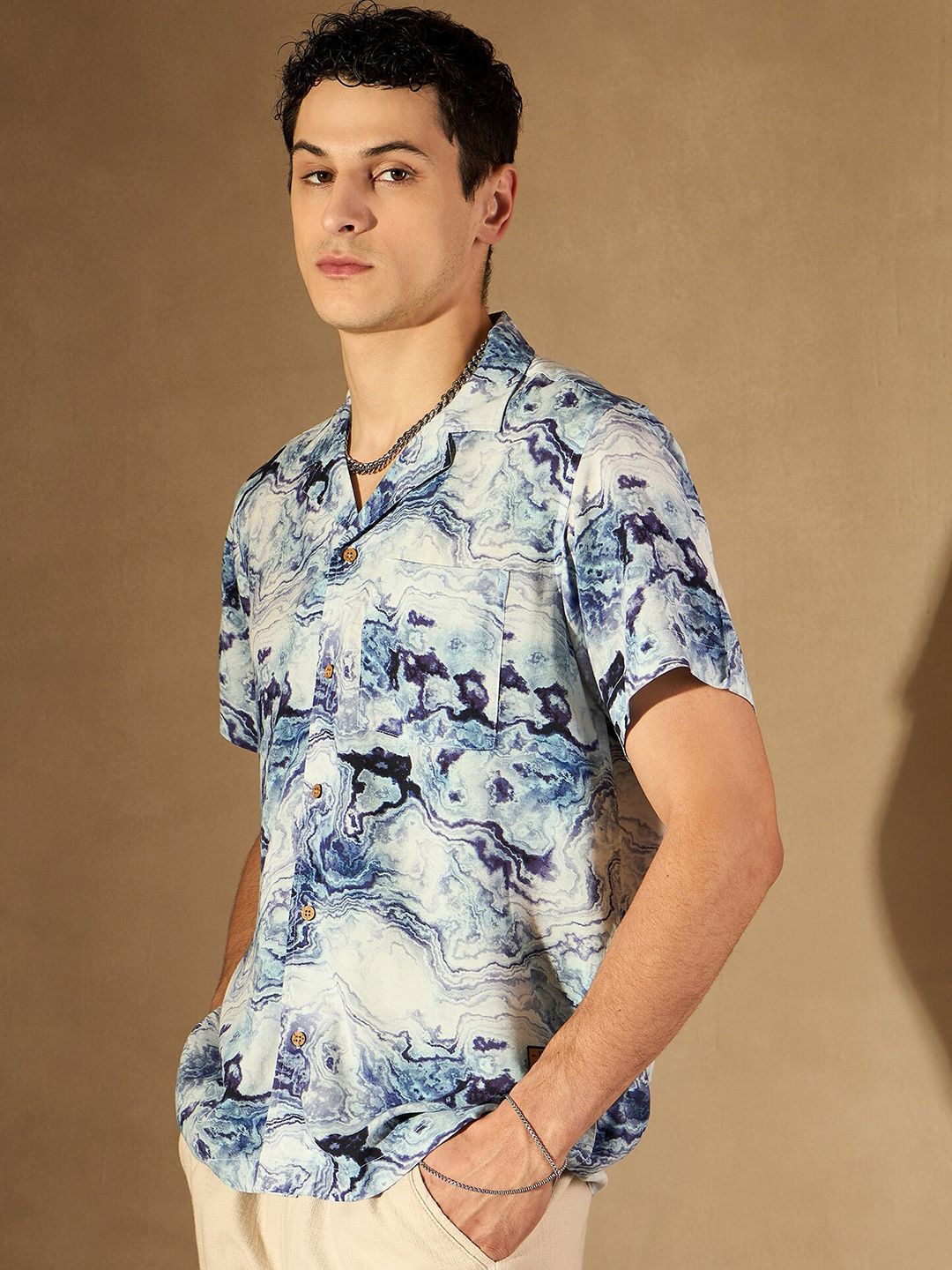 DENNISON Abstract Print Cuban Collar Smart Oversized Casual Shirt