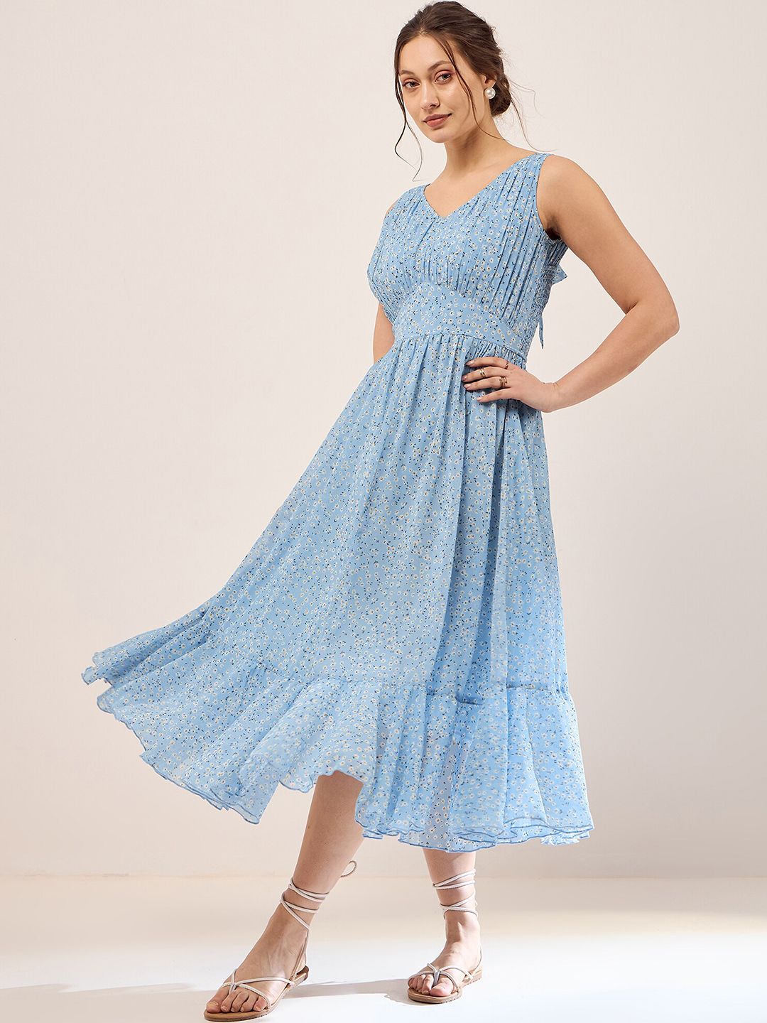 Antheaa Floral Printed Chiffon Fit & Flare Midi Dress