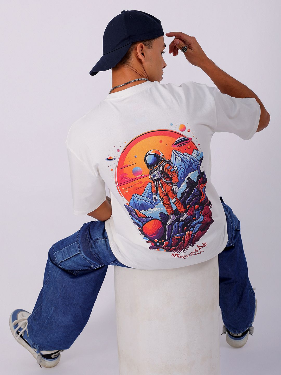 The Indian Garage Co Men Back Printed Boxy Oversized Round Neck Pure Cotton T-shirt