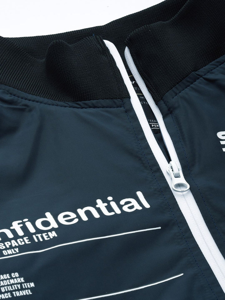 The Indian Garage Co Men Navy Blue Typography Bomber Jacket