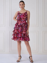 Antheaa Red Floral Print Round Neck Layered Fit & Flare Dress