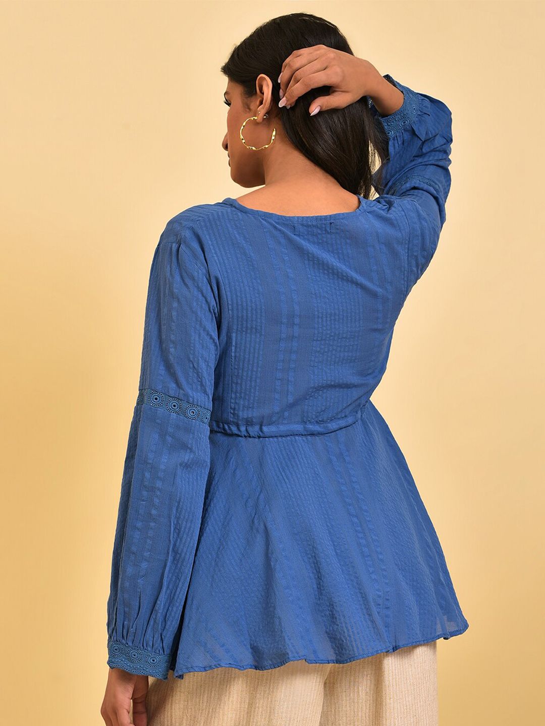 W Blue Self Design Pure Cotton Cinched Waist Top