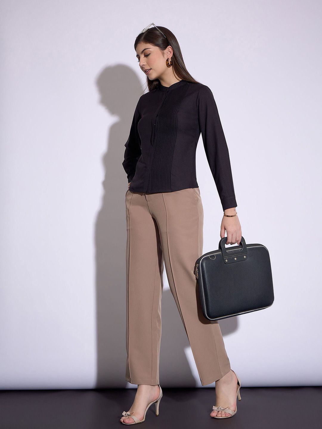 SASSAFRAS worklyf Mandarin Collar Cuffed Sleeves Pleated Shirt Style Top