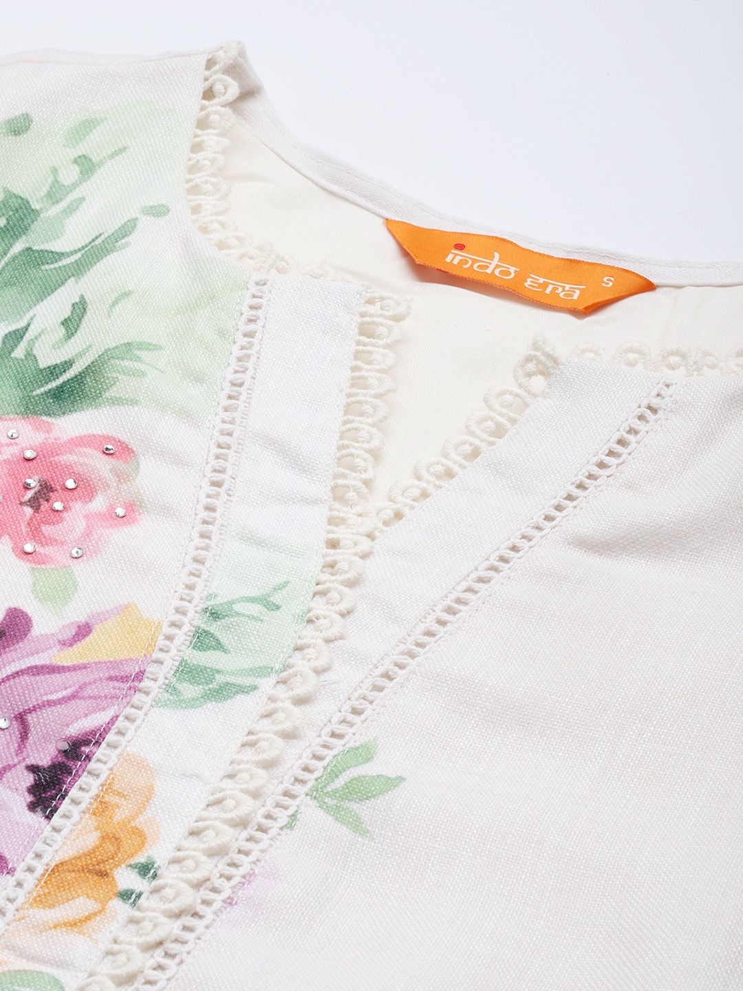 Indo Era Floral Printed Beads and Stones Linen Kurta with Trousers & With Dupatta