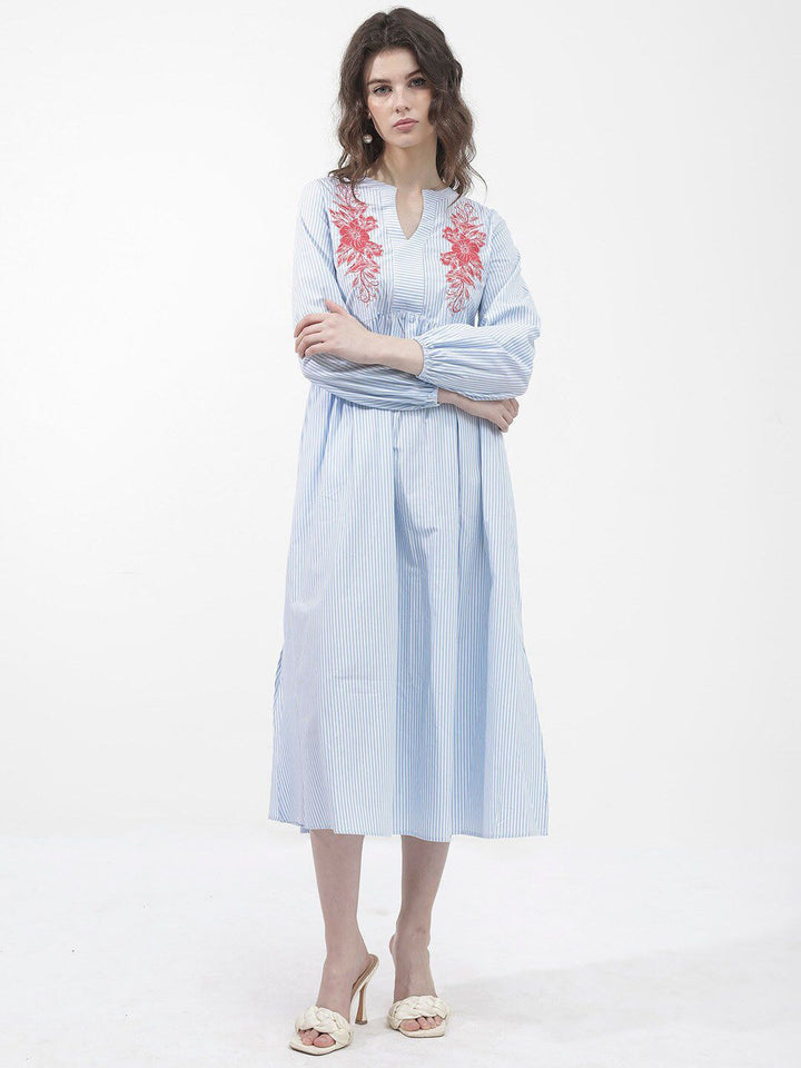 Rareism Striped Fit & Flare Cotton Midi Dress