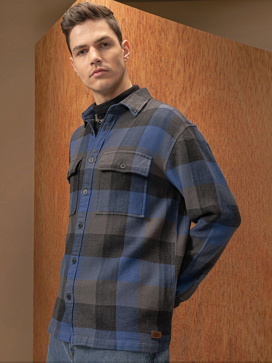 Locomotive Premium Men Blue Waffle Dobby Textured Checked Utility Pocket Overshirt
