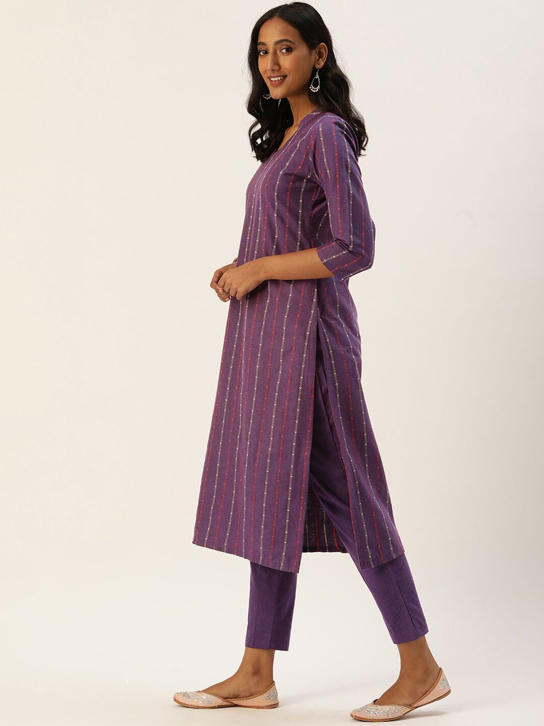 KALINI Striped Printed Mandarin Collar Three-Quarter SleevesThread Work Kurta Set