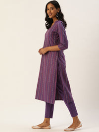KALINI Striped Printed Mandarin Collar Three-Quarter SleevesThread Work Kurta Set
