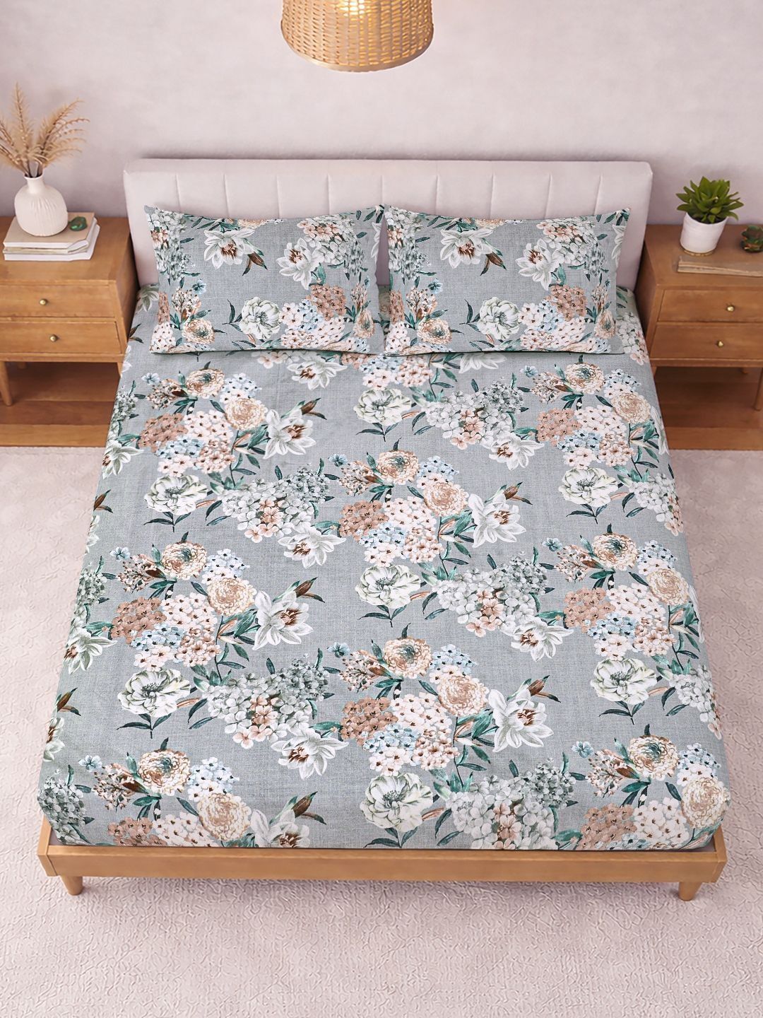 Myntra Elegant Homes Grey & Floral 300 TC King Bedsheet with 2 Pillow Covers