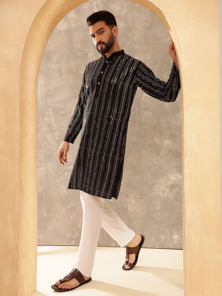 Anouk Black Striped Sequinned Pure Cotton Straight Kurta With Pyjama