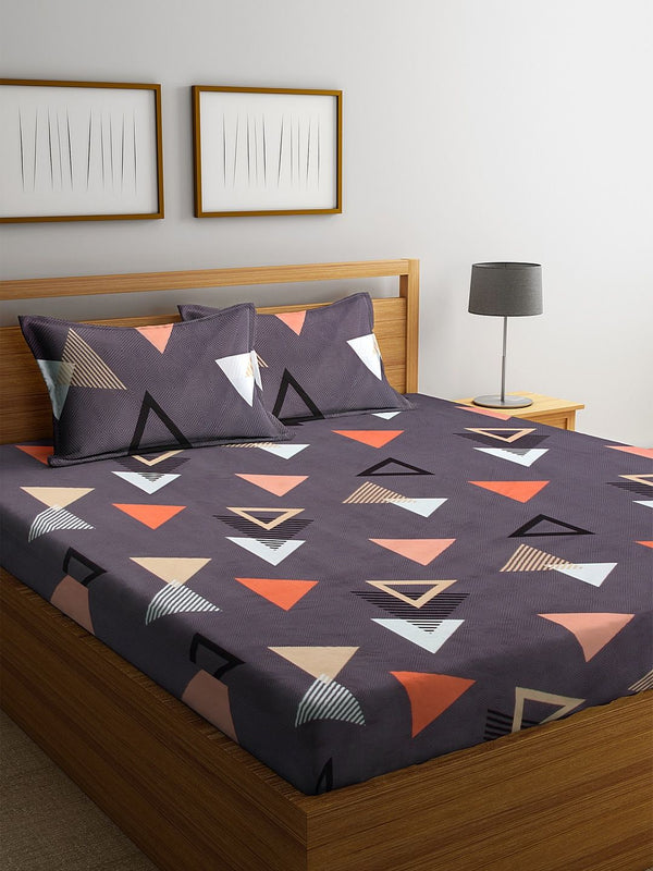 KLOTTHE Purple Geometric 300 TC Cotton Blend 1 King Bedsheet with 2 Pillow Covers