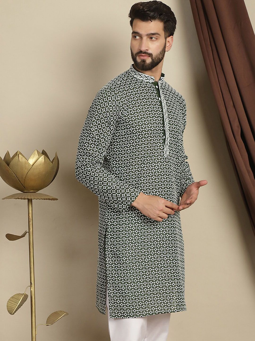 Anouk Green Geometric Embroidered Mandarin Collar Chikankari Pure Cotton Straight Kurta