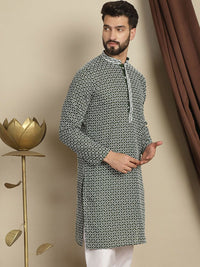 Anouk Green Geometric Embroidered Mandarin Collar Chikankari Pure Cotton Straight Kurta