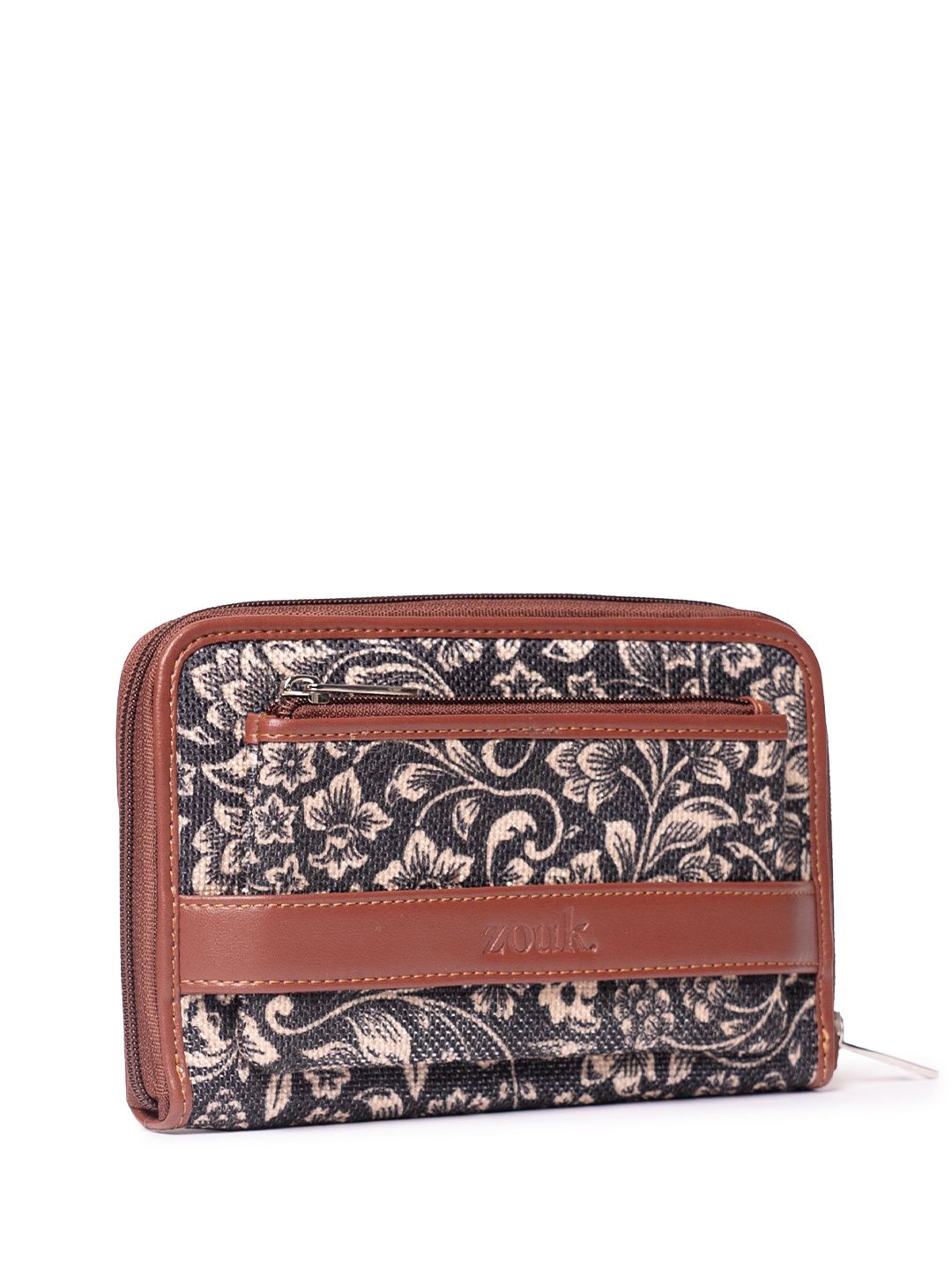 ZOUK Women Navy Blue & Brown Printed Vegan Leather Zip Around Wallet