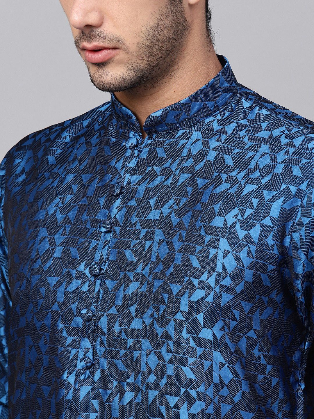 SOJANYA Lelaki Biru & Hitam Rekaan Tenun Kurta Lurus