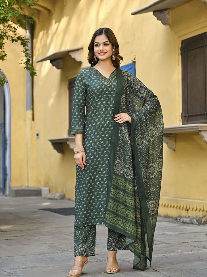 KALINI Floral Printed V-Neck Straight Kurta With Trousers & Dupatta