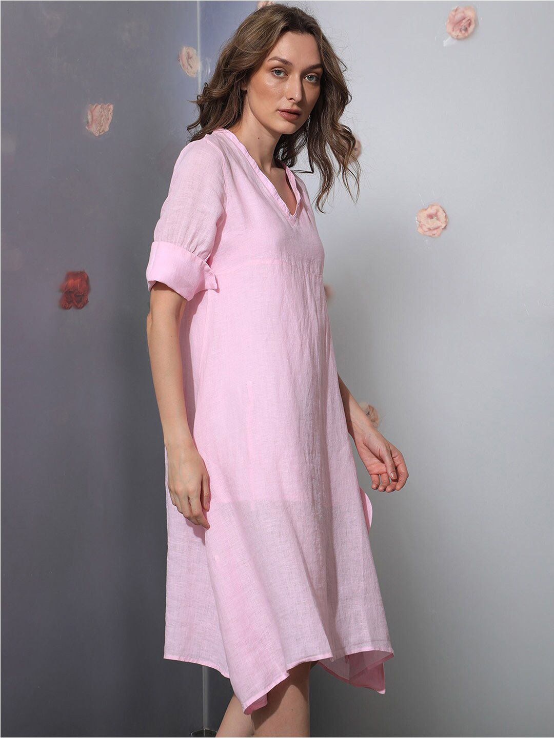RAREISM V-Neck Linen Shift Dress