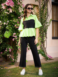 Athena Green & Black Colourblocked Pure Cotton Peplum Top