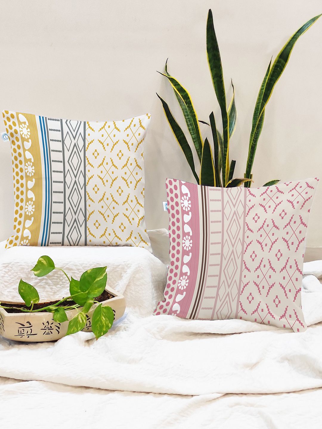 STITCHNEST Pack Of 2 Peach-Coloured Printed Square Cushion Covers