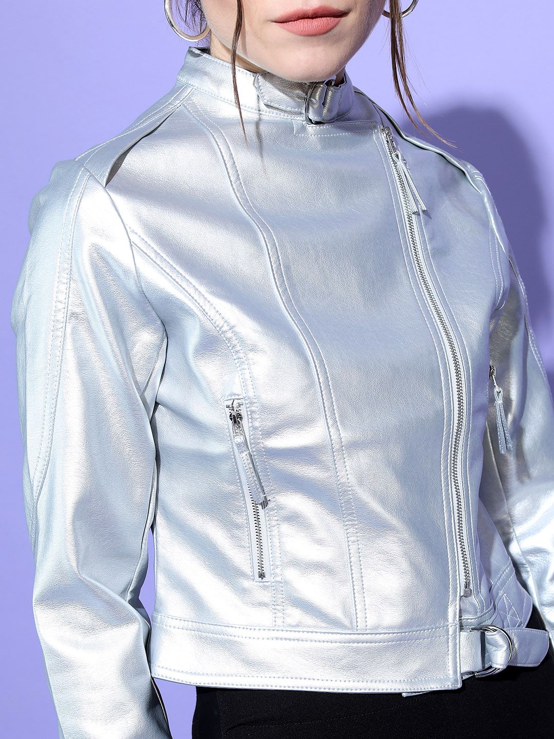 Tokyo Talkies Women Silver Crop Biker Jacket