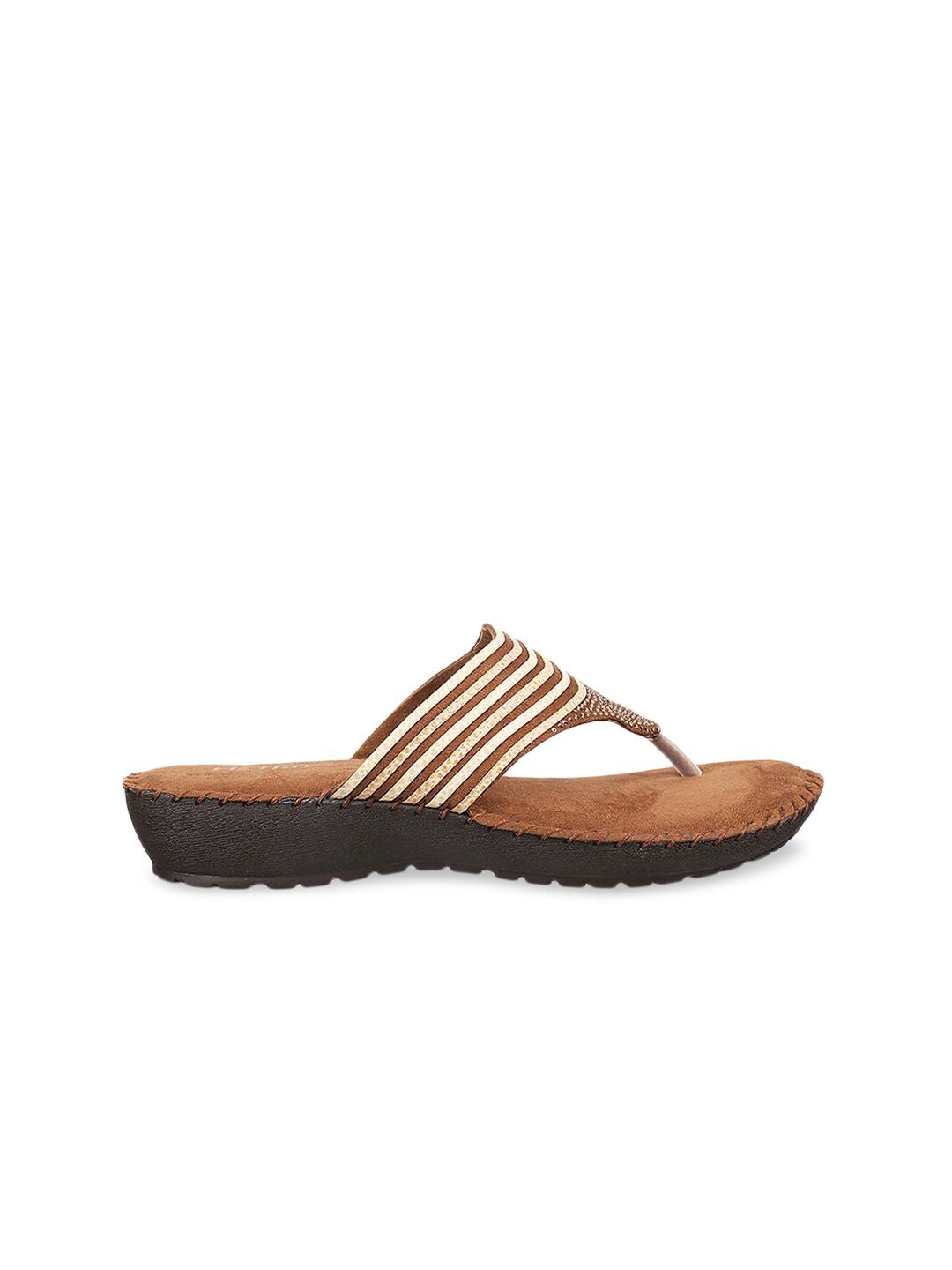 Metro Women Brown Embellished T-Strap Flats