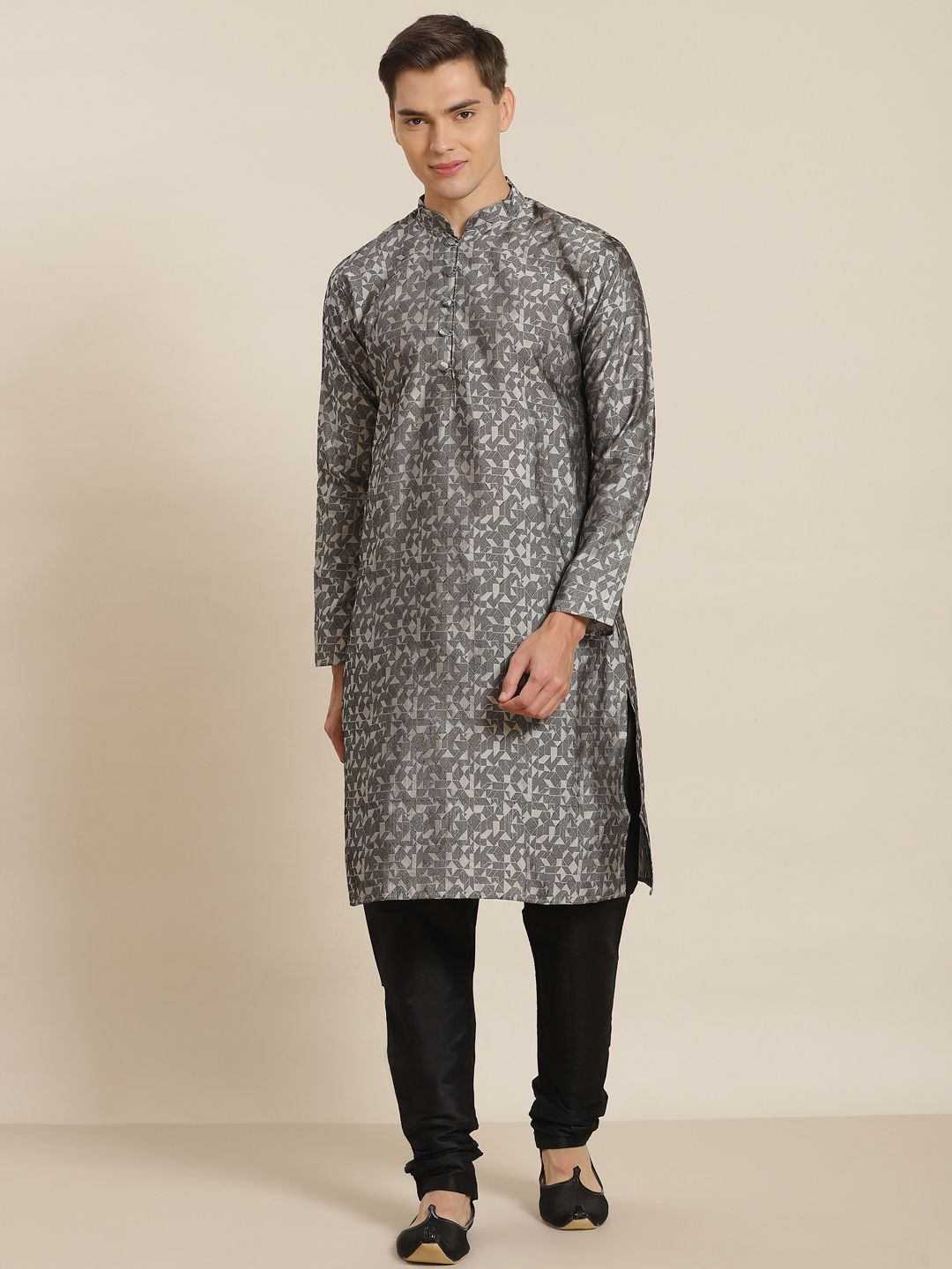SOJANYA Men Grey Geometric Woven Design Straight Kurta