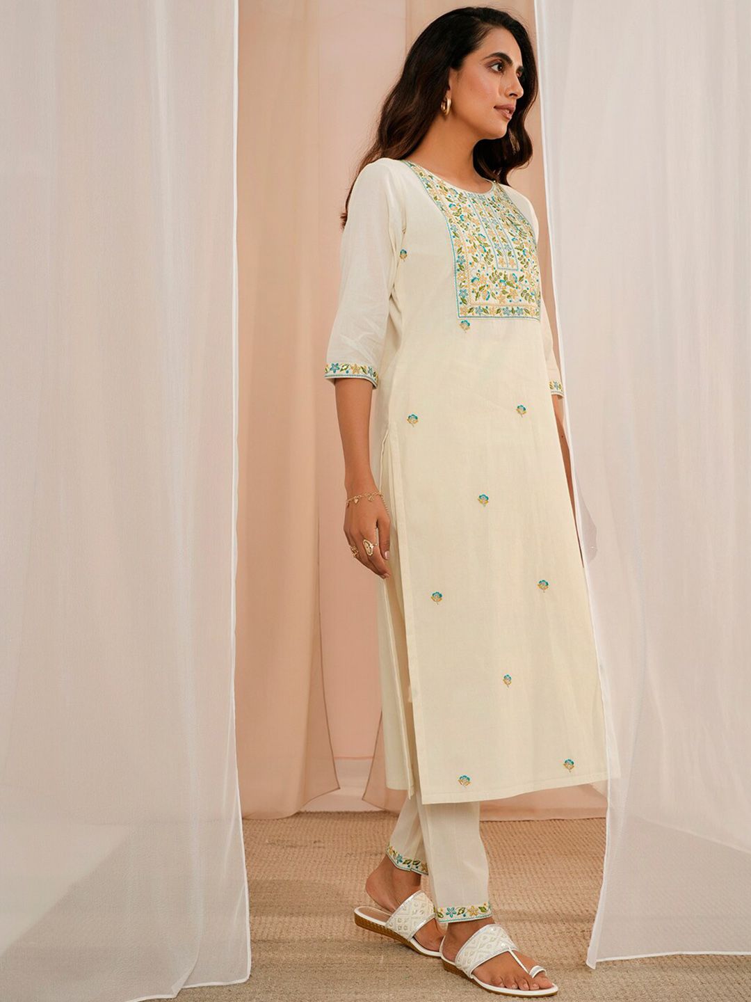 Libas Floral Yoke Design Regular Thread Work Pure Cotton Kurta With Trousers & Dupatta