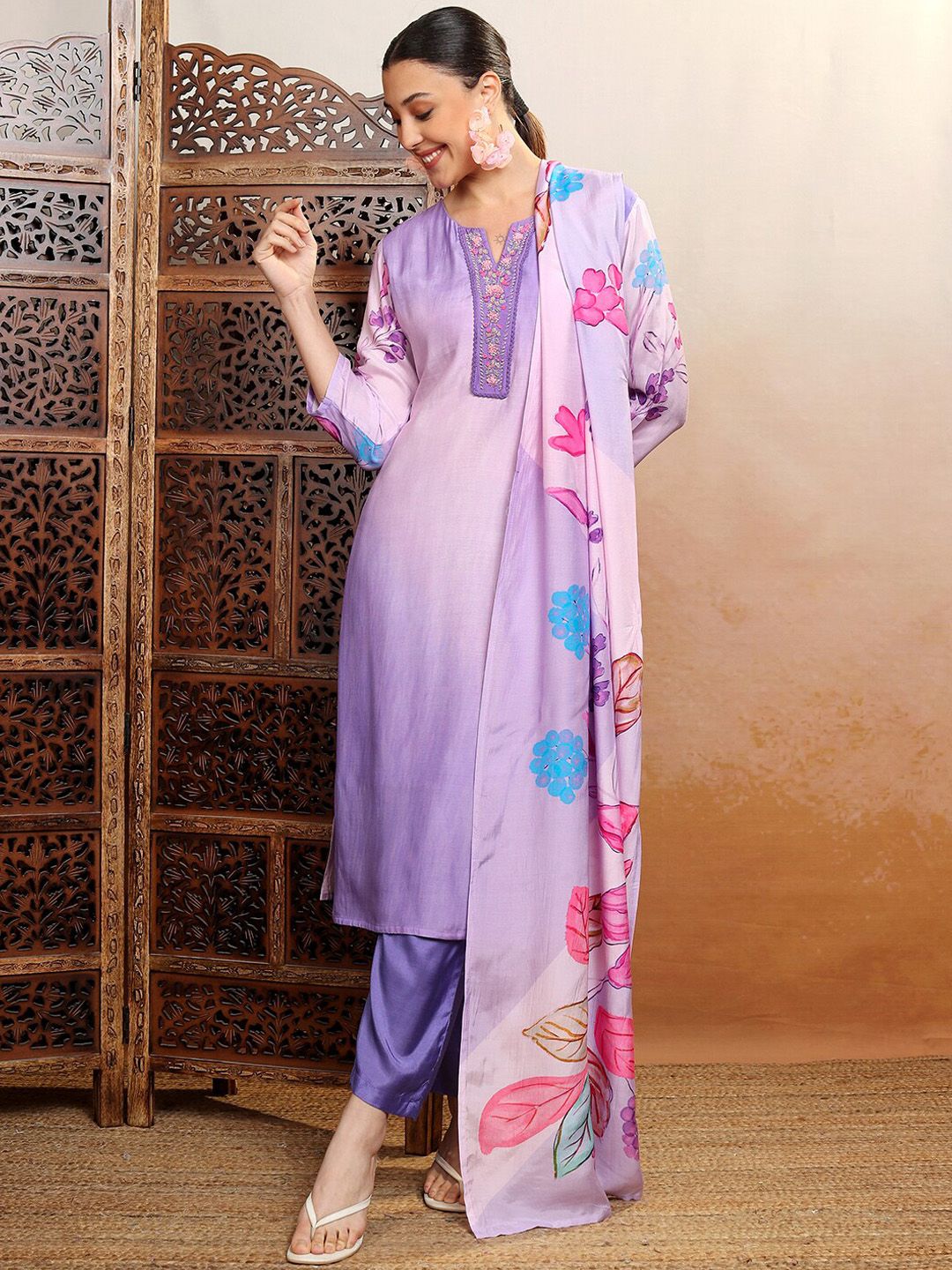 Vishudh Purple Ombre Printed Thread Work Straight Kurta With Trousers & Dupatta