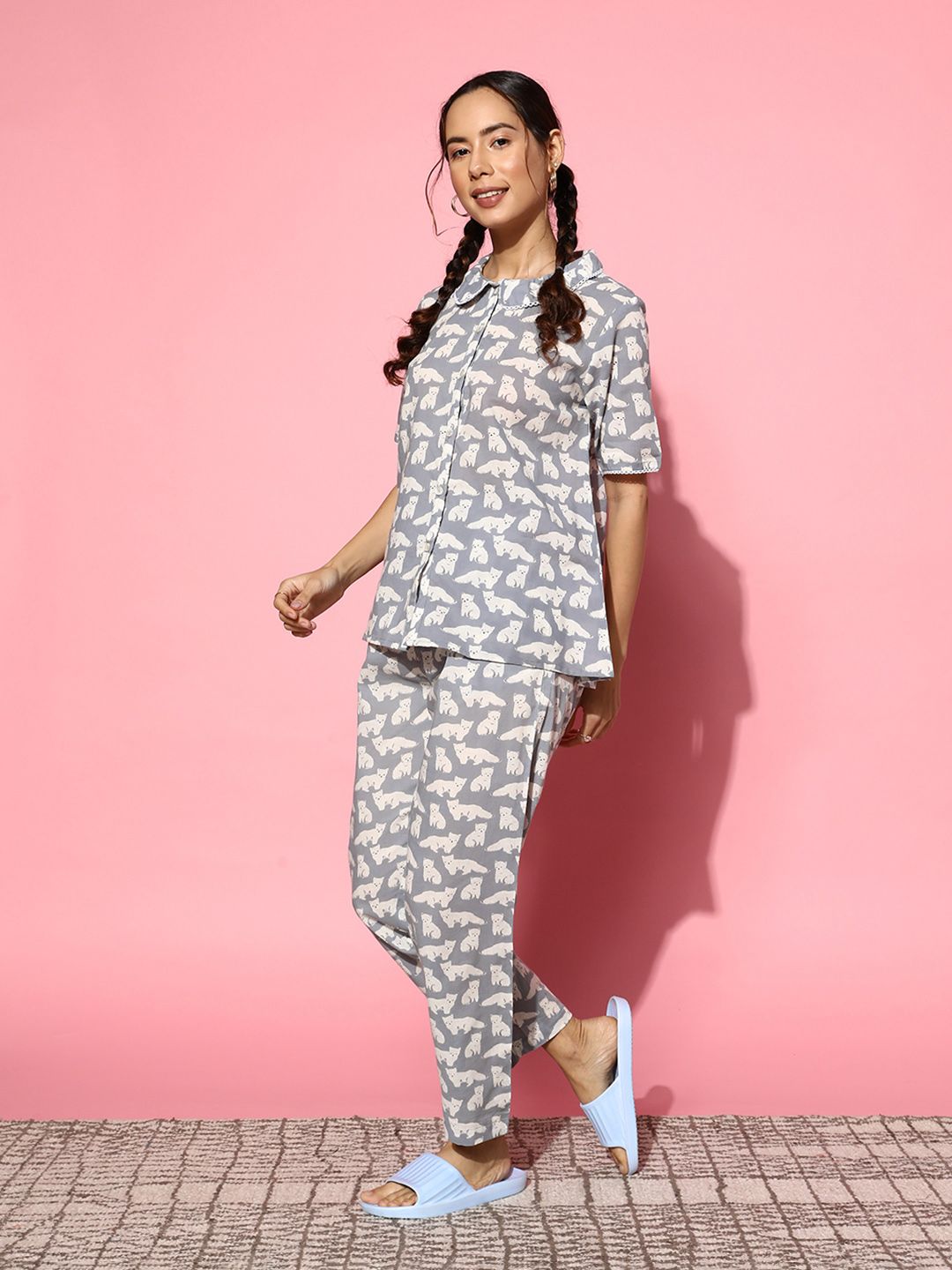 SANSKRUTIHOMES Women Grey & White Printed Pure Cotton Night Suit