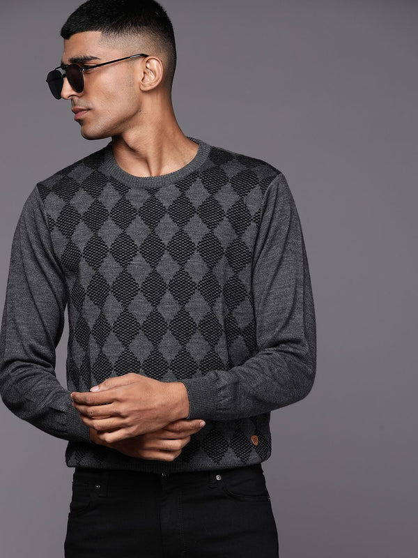 Raymond Men Grey & Black Checked Pullover