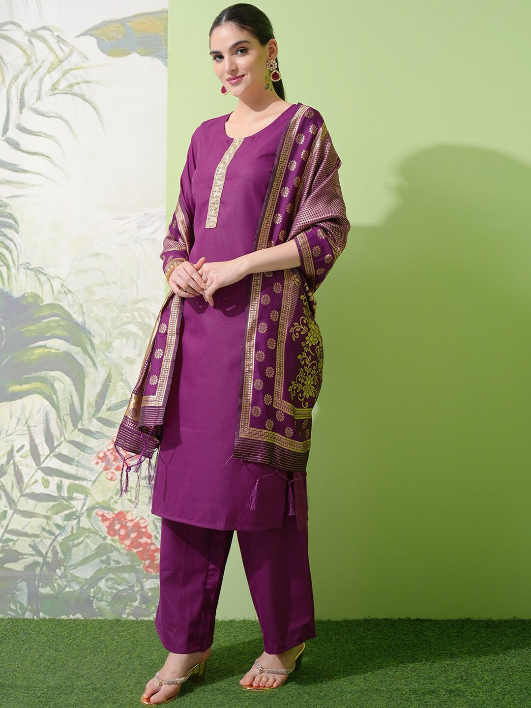 Vishudh Purple Yoke Design Thread Work Straight Kurta With Palazzos & Dupatta