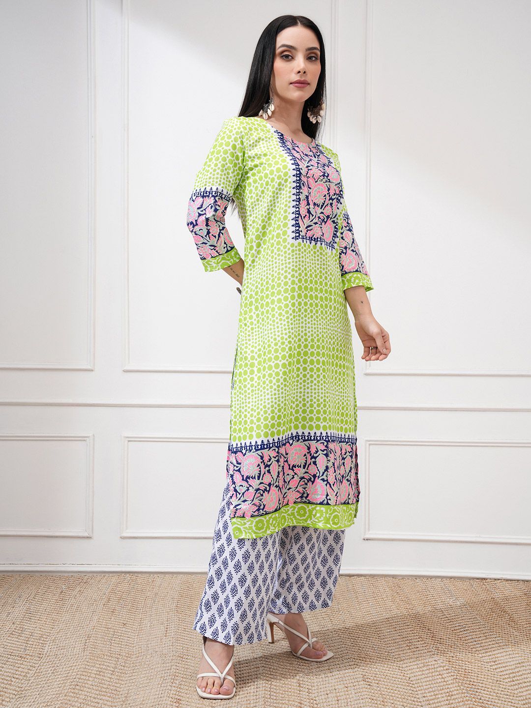 Vishudh Women Green Printed Kurti with Palazzos & With Dupatta