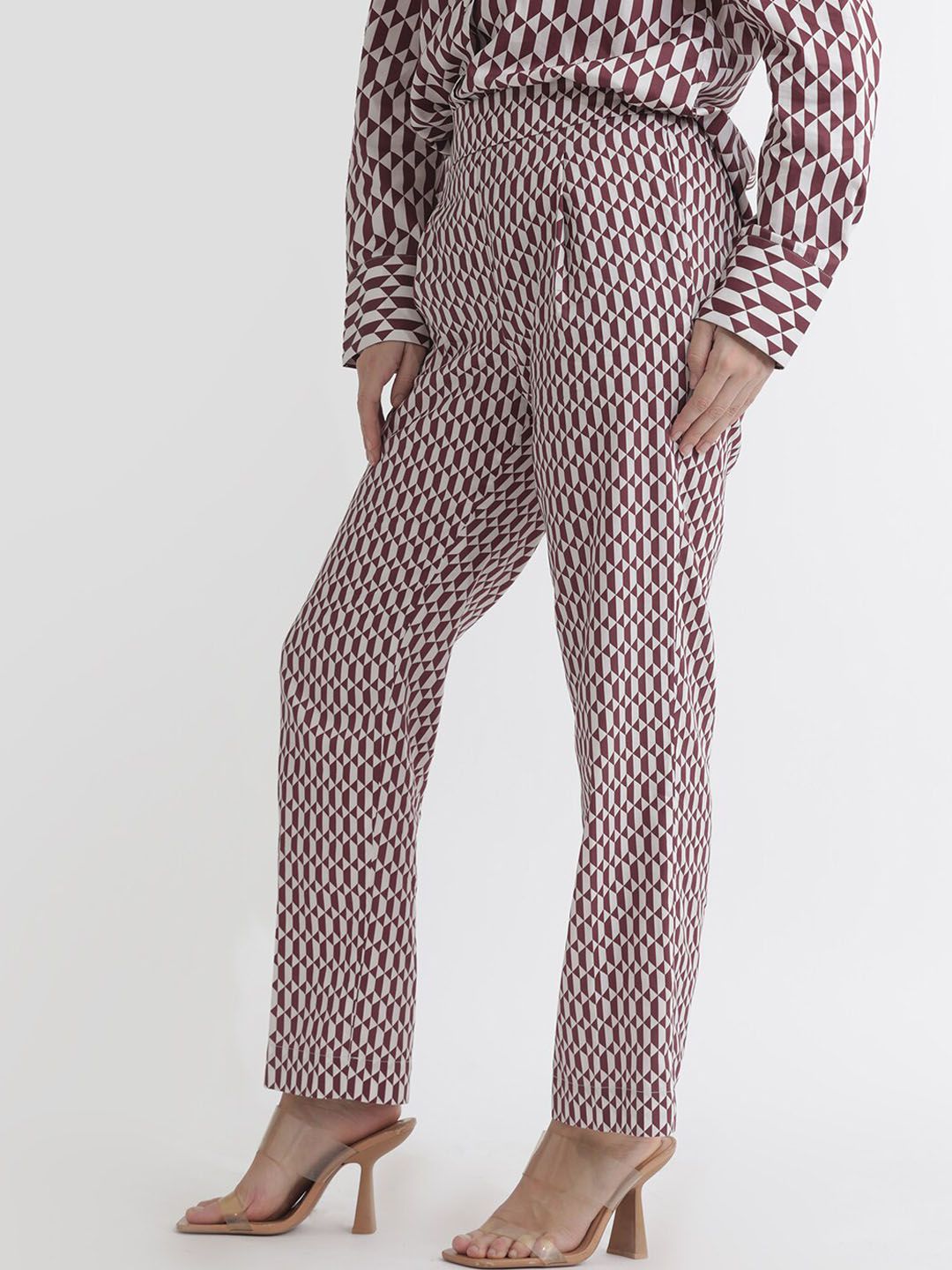 RAREISM Geometric Printed Slim Fit High-Rise Cotton Parallel Trousers
