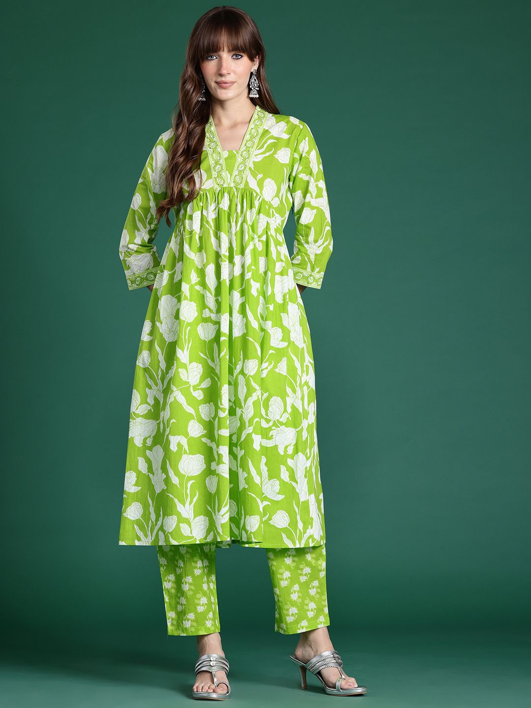 Indo Era Floral Printed Empire Sequinned Pure Cotton Kurta with Trousers