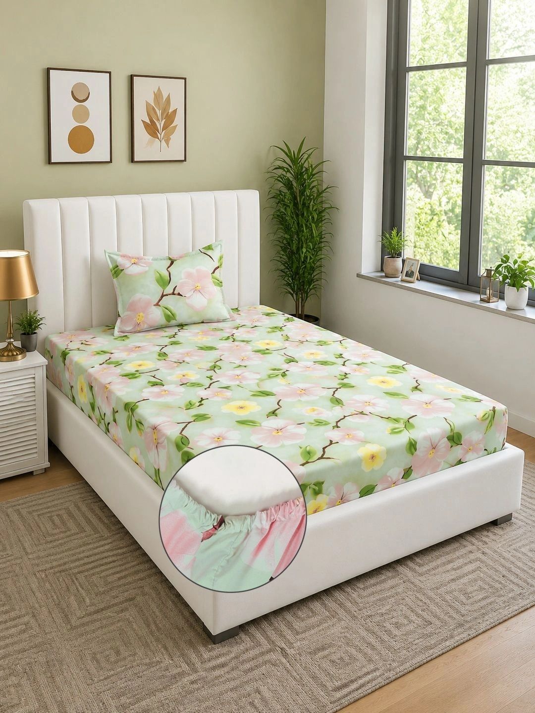 Moda Rapido X KLOTTHE Green & Pink Floral 400 TC Single Bedsheet with 1 Pillow Covers