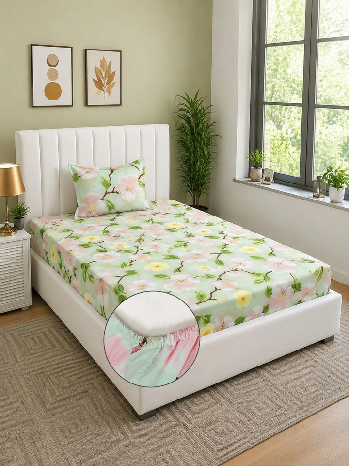 Moda Rapido X KLOTTHE Green & Pink Floral 400 TC Single Bedsheet with 1 Pillow Covers