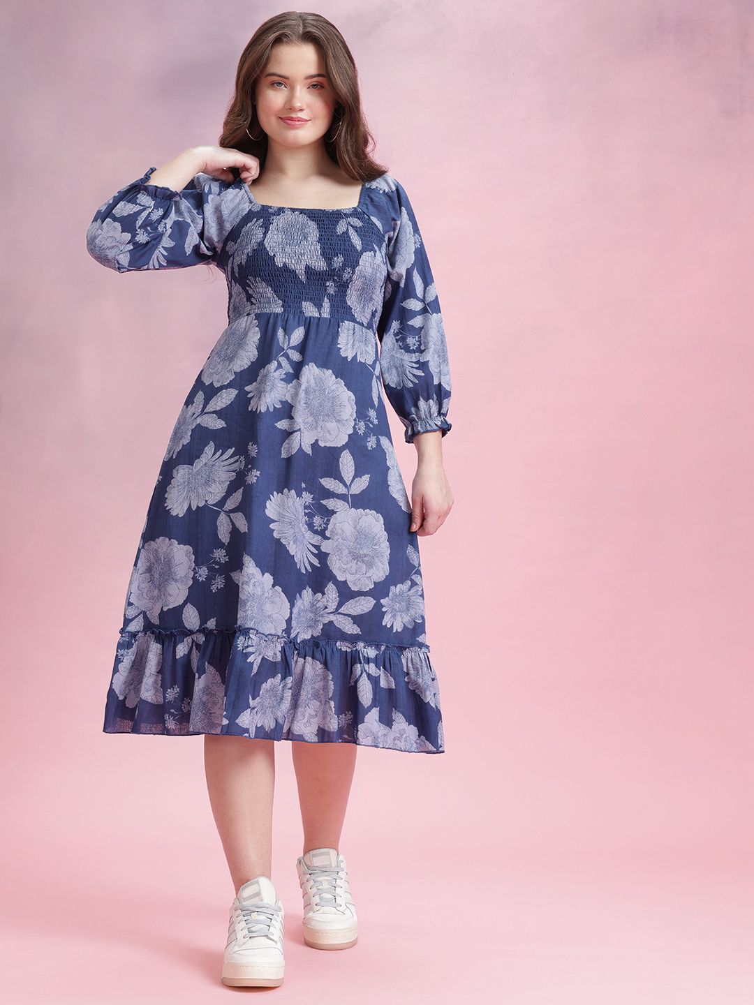 DressBerry Floral Print Smocked Puff Sleeve Fit & Flare Dress