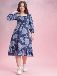 DressBerry Floral Print Smocked Puff Sleeve Fit & Flare Dress