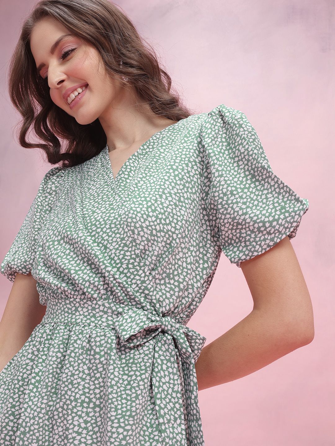 DressBerry Micro Ditsy Print Ruffle Detail Wrap Dress