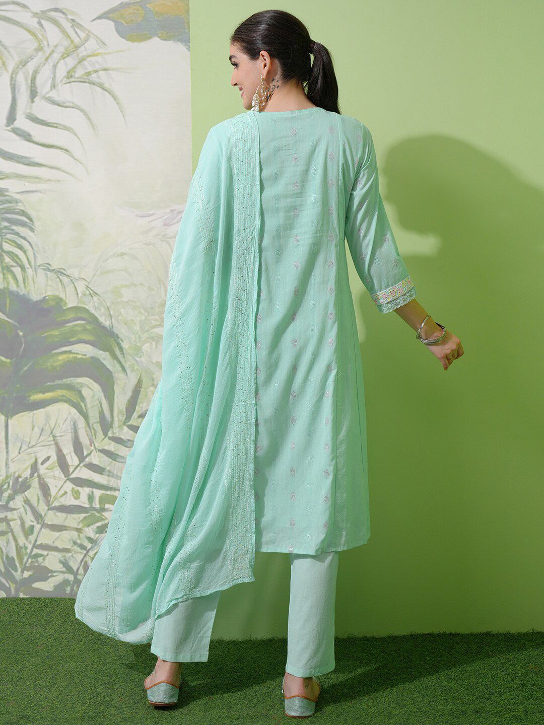 Vishudh Green Embroidered Notch Neck Pure Cotton A-Line Kurta With Trousers & Dupatta