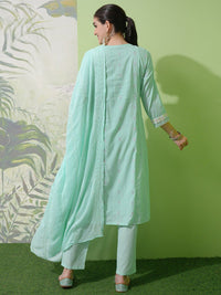 Vishudh Green Embroidered Notch Neck Pure Cotton A-Line Kurta With Trousers & Dupatta