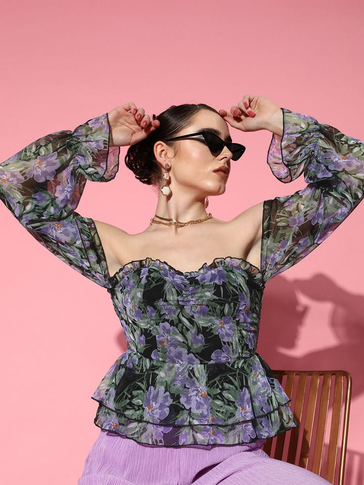 Berrylush Floral Print Off-Shoulder Georgette Peplum Top